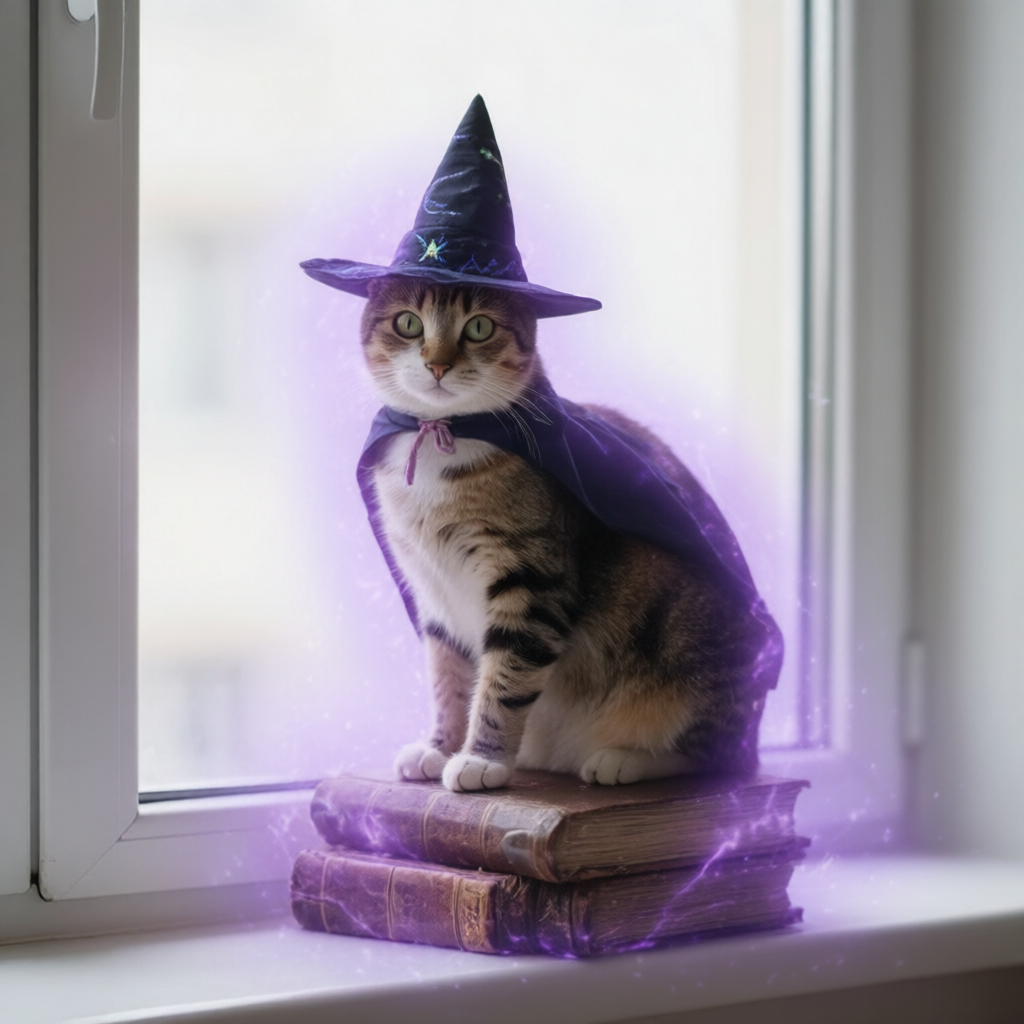Qwen Image Edit Plus AI output — House cat transformed into a magical wizard cat with hat and cape