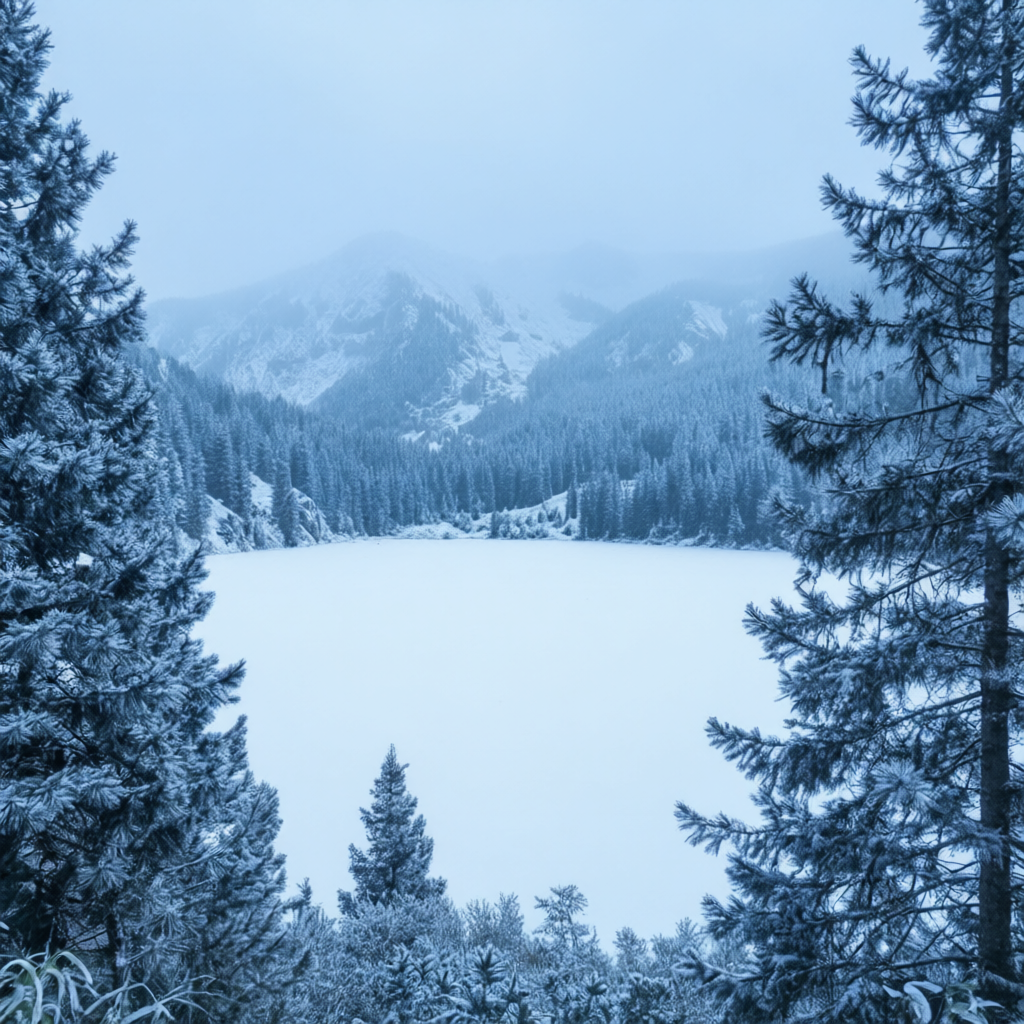 Qwen Image Edit Plus AI output — Mountain lake landscape transformed from summer to snowy winter scene