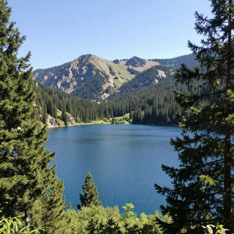 Original source image — Mountain lake landscape transformed from summer to snowy winter scene