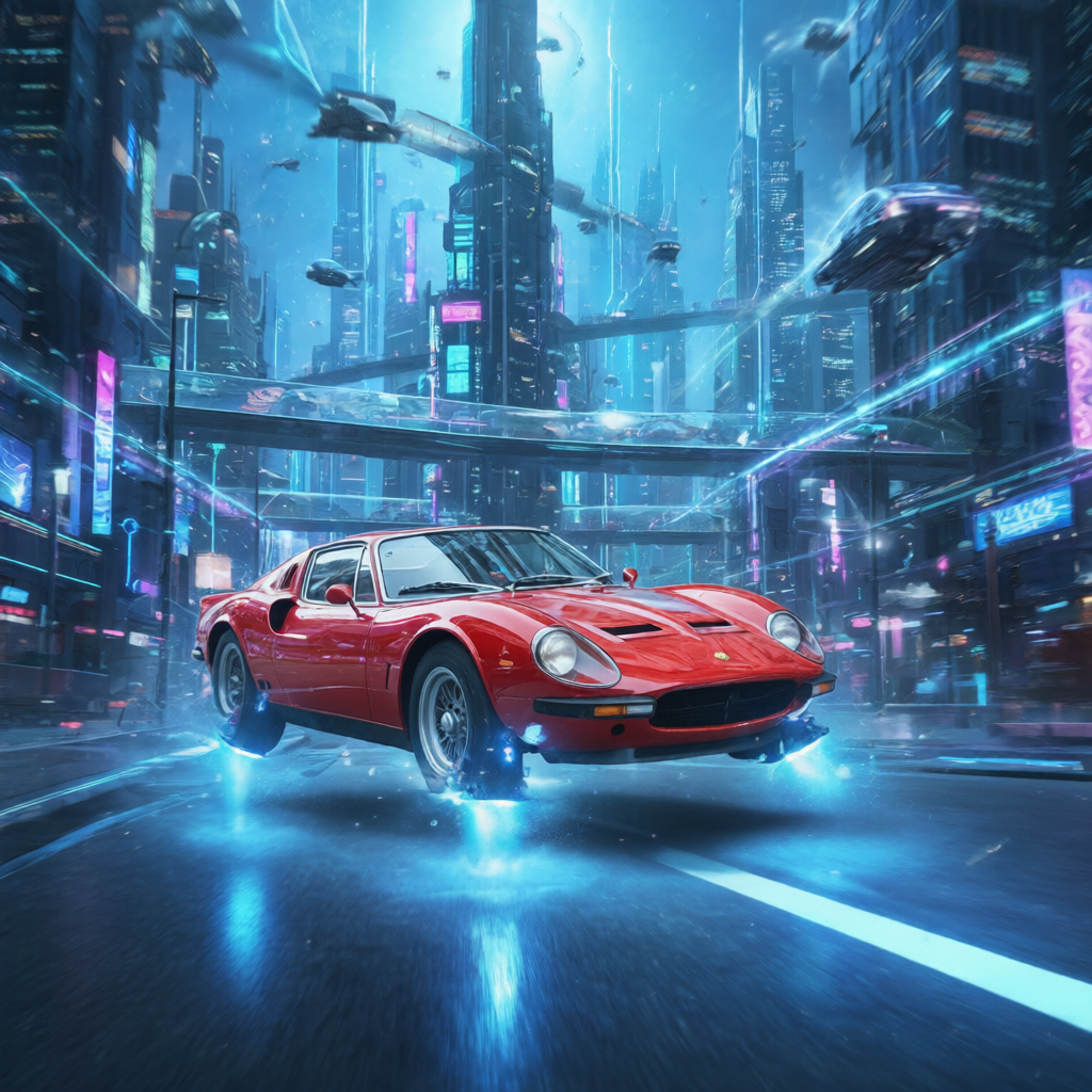 Qwen Image Edit Plus AI output — Classic car transformed into hovering sci-fi vehicle with futuristic city
