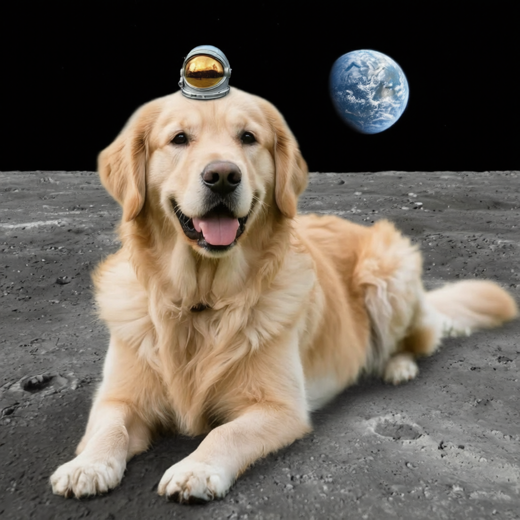 Qwen Image Edit Plus AI output — Golden retriever on grass transformed into space dog on the moon