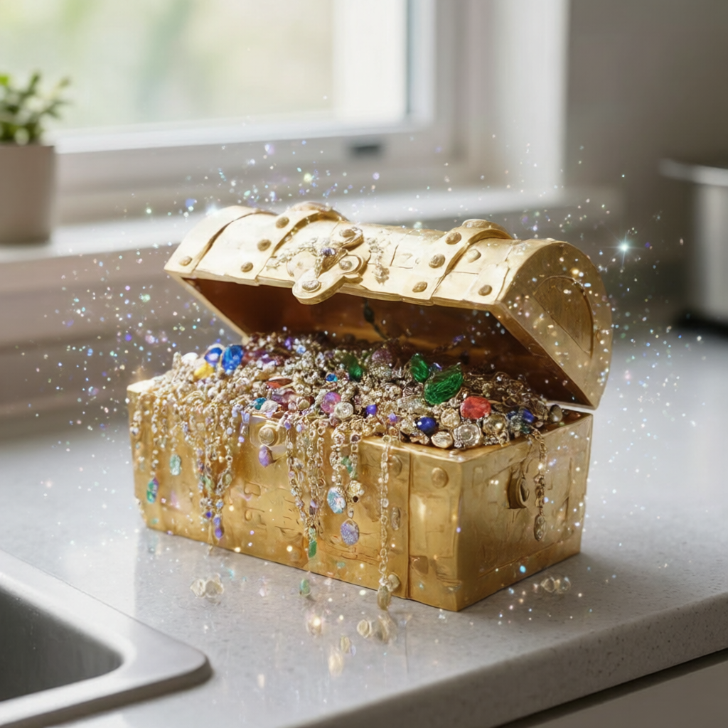 Qwen Image Edit Plus AI output — Bowl of fruit transformed into treasure chest of gemstones and jewels