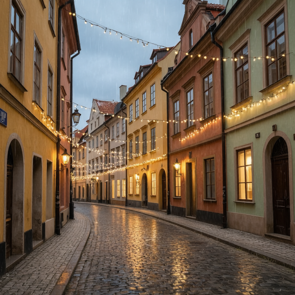 Qwen Image Edit Plus AI output — European street transformed from day to rainy night with string lights