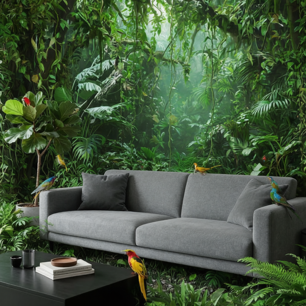 Qwen Image Edit Plus AI output — Modern living room transformed into tropical indoor jungle paradise