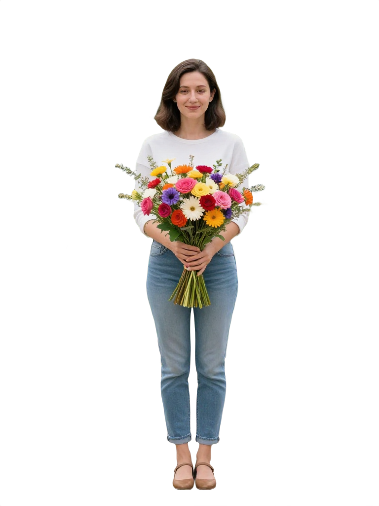 Ben2 AI output — Woman with bouquet, garden background cleanly removed to transparent