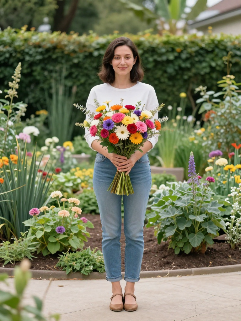 Original source image — Woman with bouquet, garden background cleanly removed to transparent