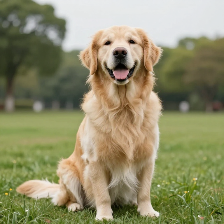 Original source image — Golden retriever dog isolated from park grass and trees