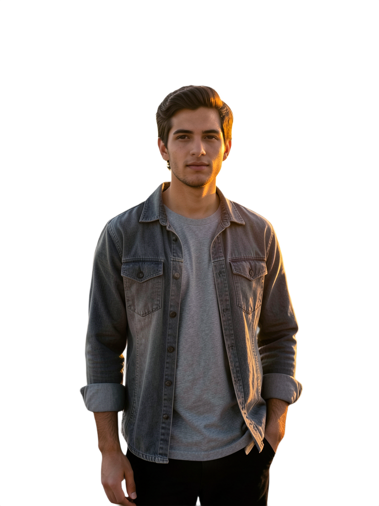 Ben2 AI output — Young man isolated from rooftop city skyline background