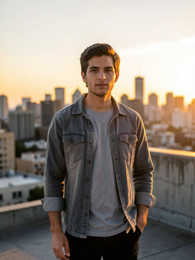 Original source image — Young man isolated from rooftop city skyline background