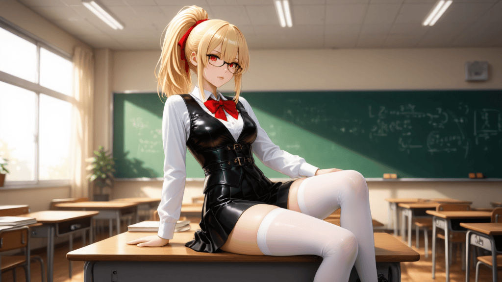 Confident blonde anime girl with glasses and school uniform sitting on a classroom desk — AI-generated illustration by Z-Anime Distill 8-Step INT8 on deAPI