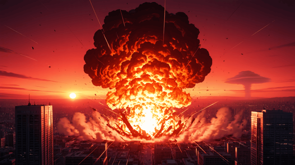 Massive downtown explosion seen from a rooftop at sunset with billowing fireballs between skyscrapers — dynamic anime disaster illustration by Z-Anime Distill 8-Step INT8 on deAPI