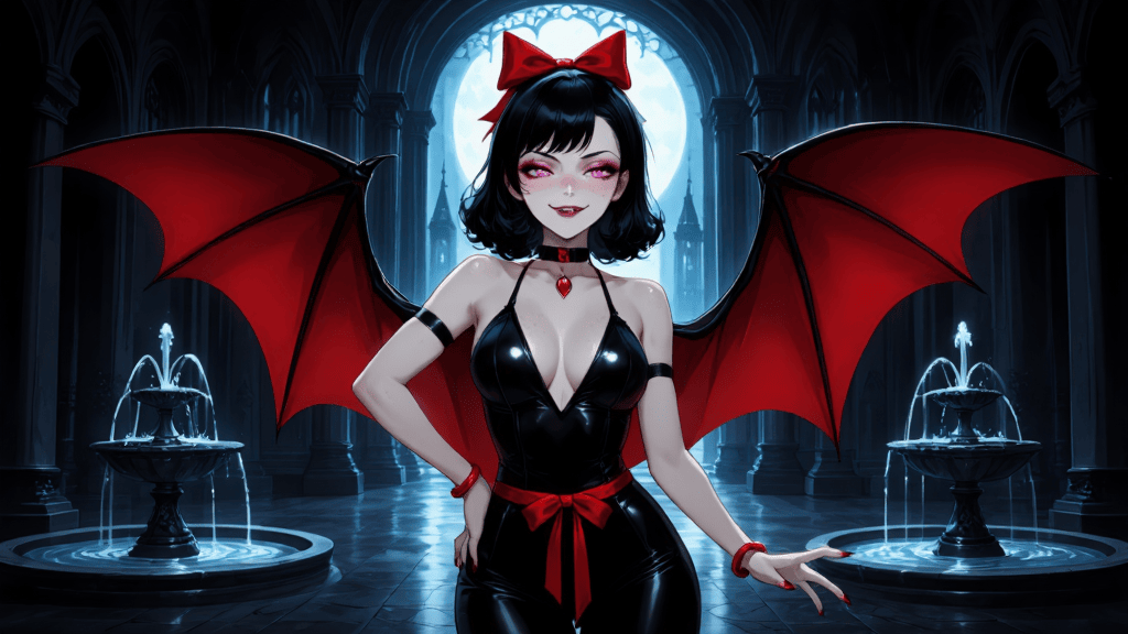 Seductive female vampire with bat wings and gothic bodysuit standing in a moonlit cathedral interior — dark fantasy anime illustration by Z-Anime Distill 8-Step INT8 on deAPI