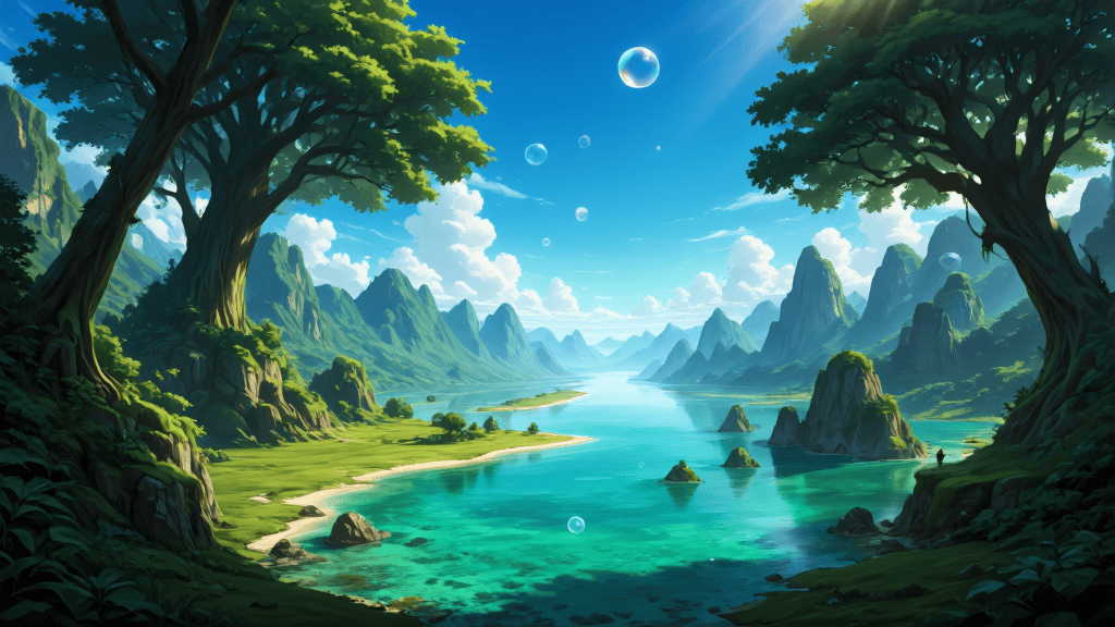 Fantasy island lagoon with ancient trees, crystal-clear turquoise water, and floating soap bubbles in a dreamlike anime landscape — painted by Z-Anime Distill 8-Step INT8 on deAPI