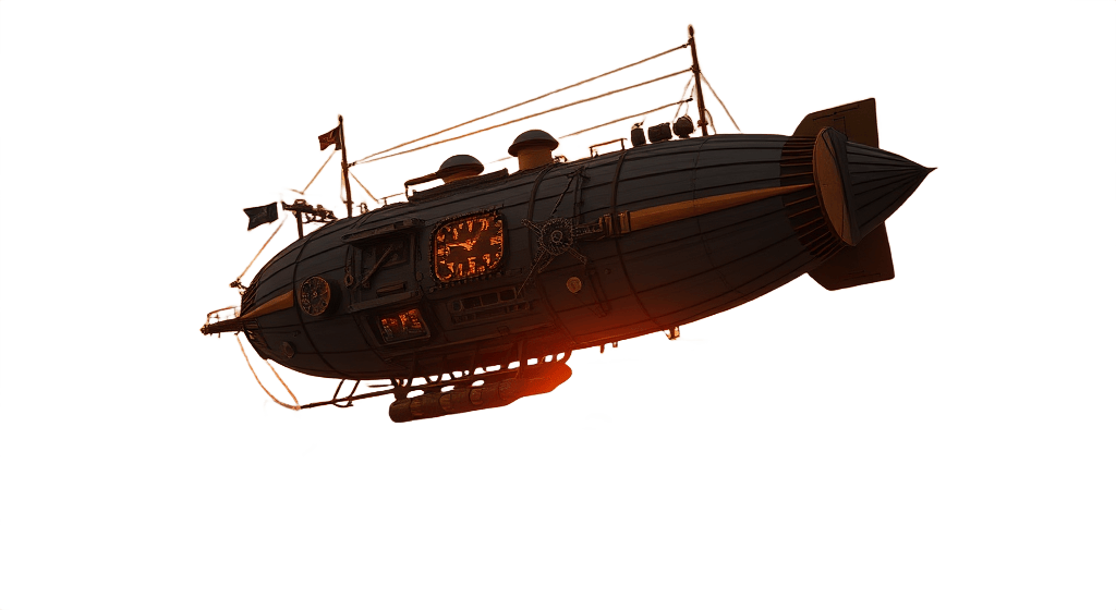Steampunk airship isolated on transparent background – fantasy vehicle cutout for creative projects