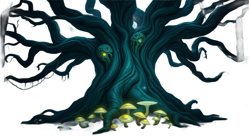Magical glowing tree cutout on transparent background – isolated fantasy tree illustration for compositing