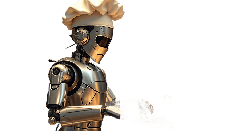 Robot chef cutout on transparent background – isolated futuristic cooking character for design projects